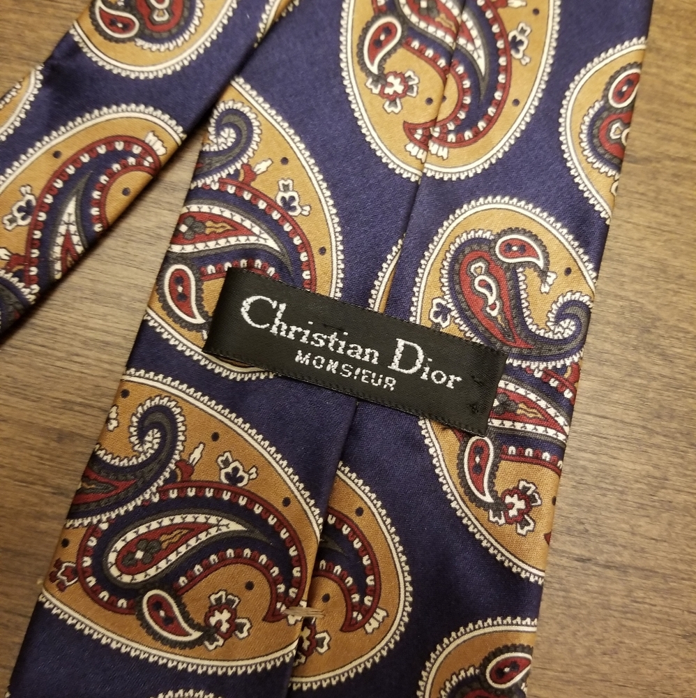 Christian Dior Monsieur 100% Silk Navy Burgundy & Gold Paisley Print Tie